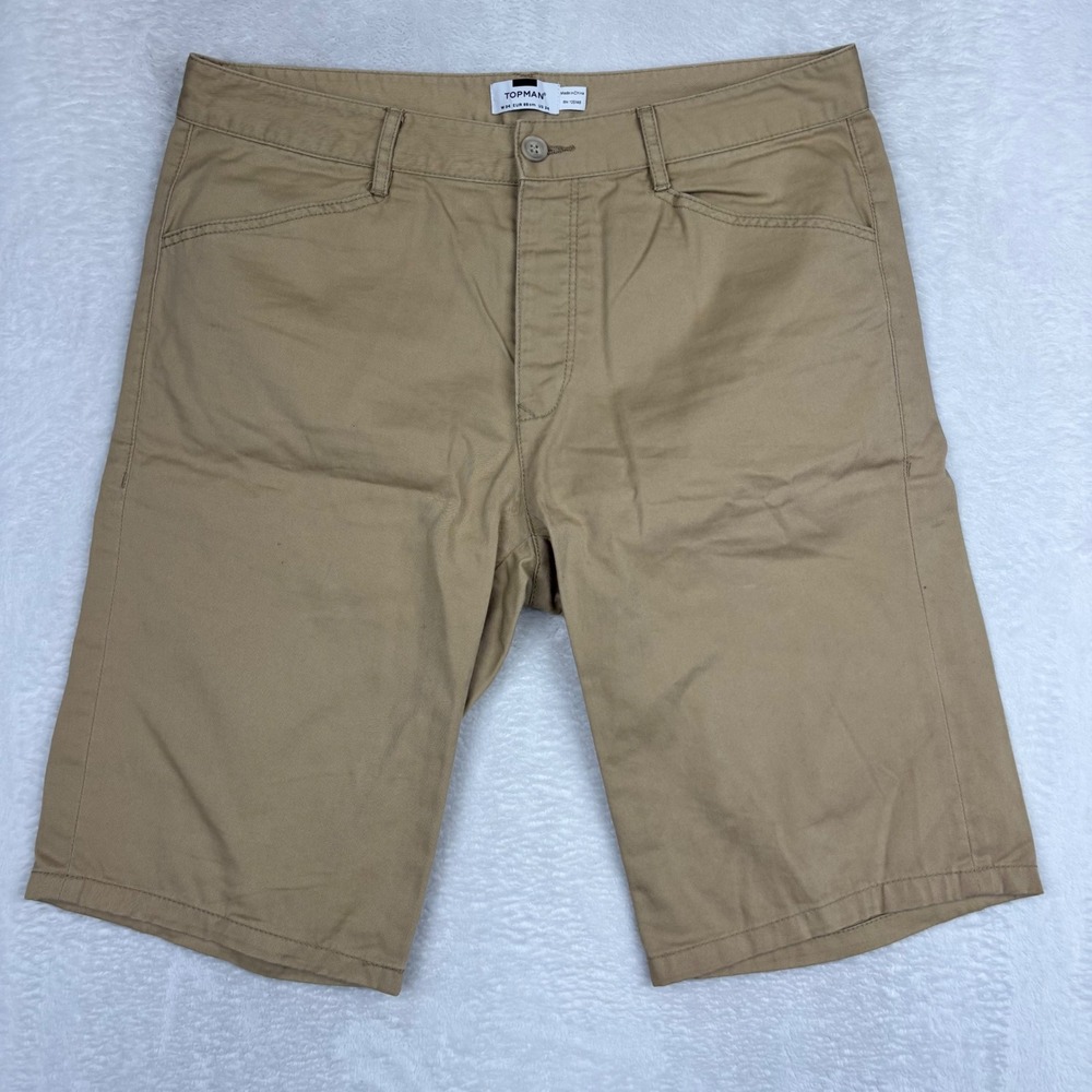 Topman Mens Tan Khaki Chino Shorts Size 34 Cotton Twill Flat Front Casual